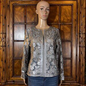 Colleen Lopez Faux Leather Mesh Silver Lace Semi Sheer Zip Front Jacket
